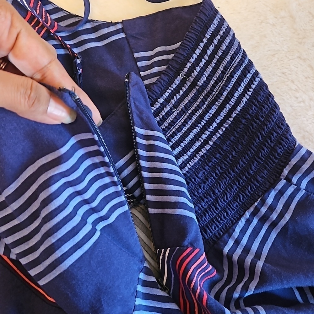 Old Navy patriotic mini dress petite blue scrunch Bach geometric design stripes - Picture 10 of 17